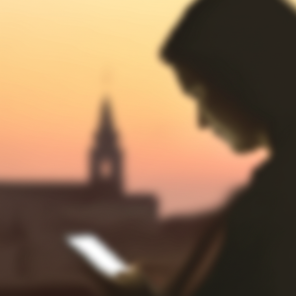 Person engaging with content on a device with a church in the background